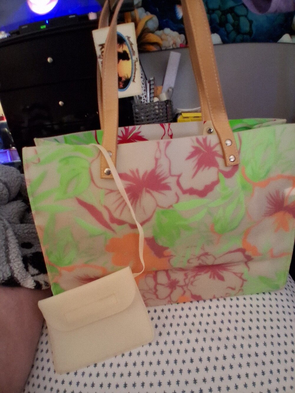 Floral Tote Bag with Tan Handles - Cream/Neon  3 Peice Set OFFERS WELCOME